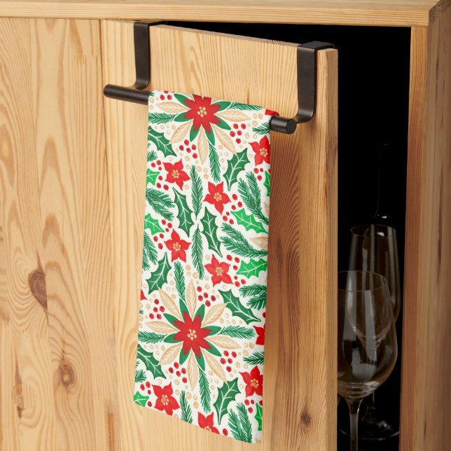 Holly and Poinsettia Botanical Holiday Pattern  Tea Towel (Thirds Fold)