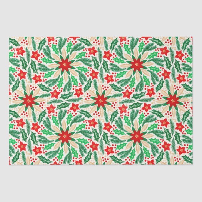 Holly and Poinsettia Botanical Holiday Pattern  Tissue Paper (Front)