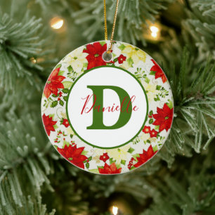 Holly and Poinsettia personalised Ceramic Tree Decoration