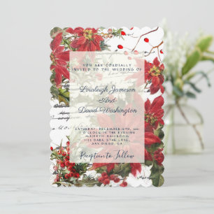 Holly and poinsettias wedding invitation