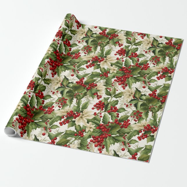 Holly and Poinsettias Wrapping Paper (Unrolled)