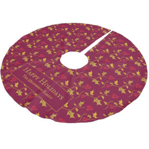 Holly and red berries foliage pattern custom brushed polyester tree skirt