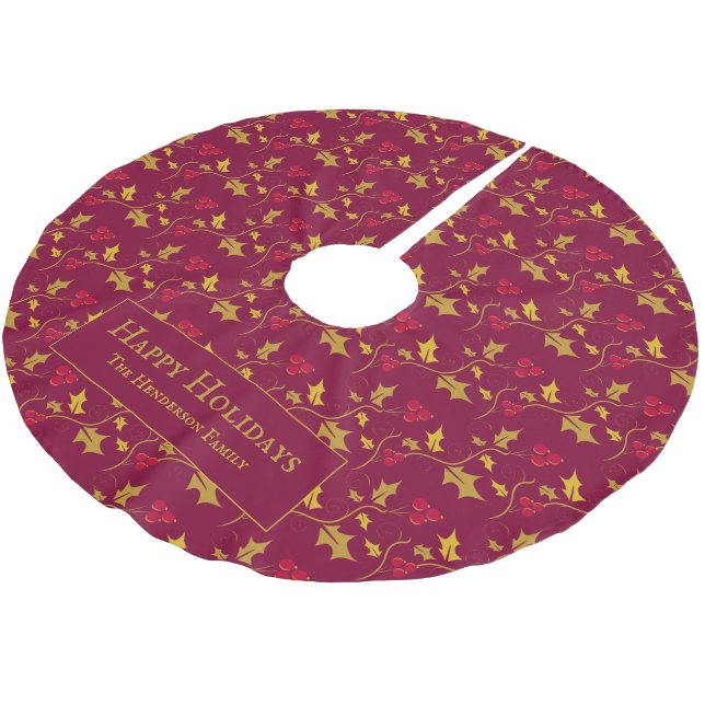 Holly and red berries foliage pattern custom brushed polyester tree skirt (Angled)