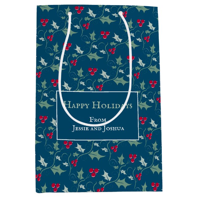 Holly and red berries foliage pattern custom medium gift bag (Front)