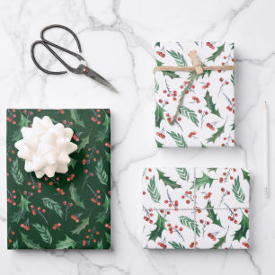 Holly and Red Berry Holiday Pattern Wrapping Paper Sheet