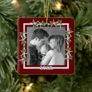 Holly and Starfish Red Family Photo Frame Ceramic Tree Decoration