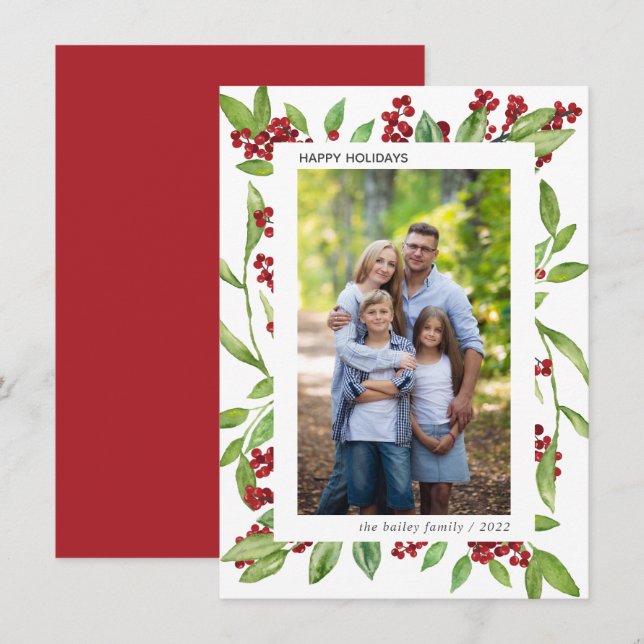Holly and Watercolor Greenery Photo Holiday Card (Front/Back)