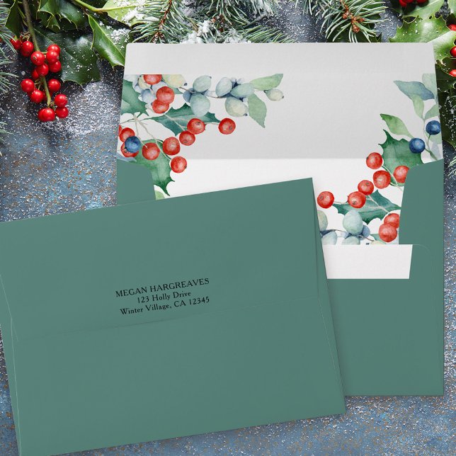 Holly and Winter Berries Green Wedding Invitation Envelope (Winter wedding invitation envelopes. You can add your return address to the back flap)