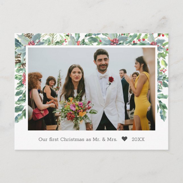 Holly Background Newly Wed Photo Christmas Holiday Postcard (Front)