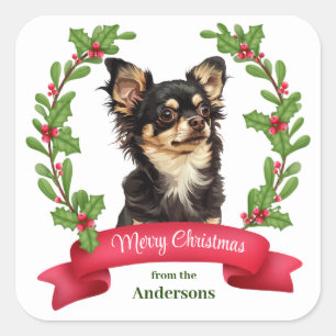 Holly Banner Black Tan Chihuahua Dog Christmas  Square Sticker