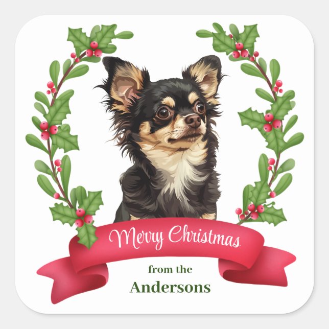 Holly Banner Black Tan Chihuahua Dog Christmas  Square Sticker (Front)