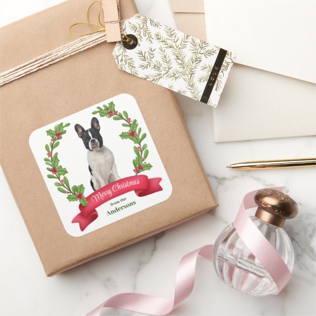 Holly Banner Black White French Bulldog Holiday Square Sticker (Gifting)
