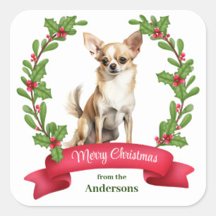 Holly Banner Brown White Chihuahua Dog Christmas Square Sticker