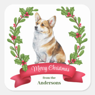 Holly Banner Corgi Dog Christmas Square Sticker