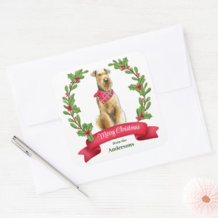 Holly Banner Fox Airedale Terrier Dog Christmas Square Sticker