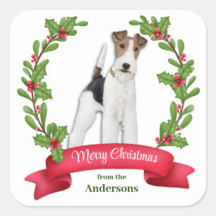 Holly Banner Fox Terrier Dog Christmas Square Sticker