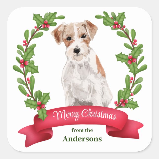 Holly Banner Jack Russell Terrier Christmas Square Sticker (Front)