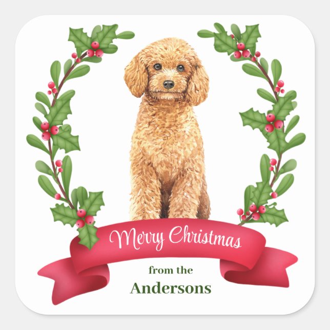 Holly Banner Poodle Dog Christmas Square Sticker (Front)