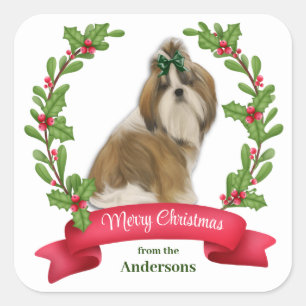 Holly Banner Shih Tzu Dog Christmas Square Sticker
