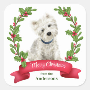 Holly Banner West Highland White Terrier Christmas Square Sticker