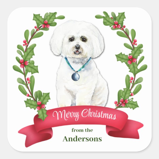 Holly Banner White Maltese Christmas Square Sticker (Front)