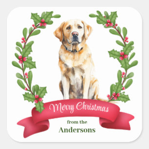 Holly Banner Yellow Labrador Retriever Christmas Square Sticker