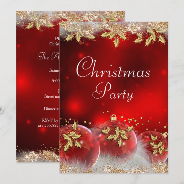Holly Baubles Red Gold Christmas Party Invite (Front/Back)