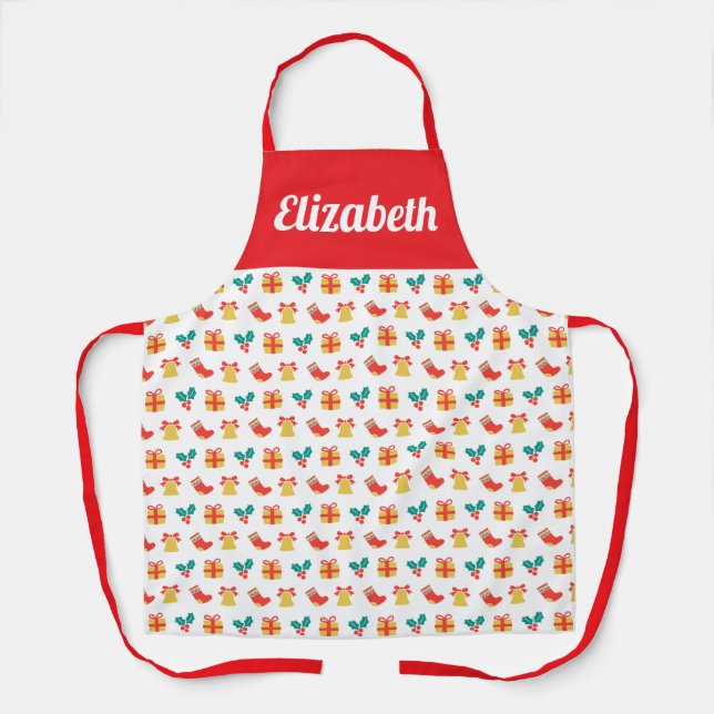 Holly Bell Christmas Stocking Pattern Custom Name Apron (Front)