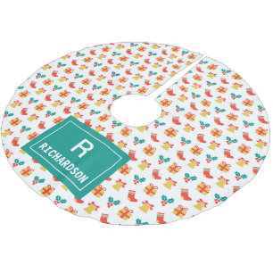 Holly Bell Stocking Pattern Monogram Family Name Brushed Polyester Tree Skirt