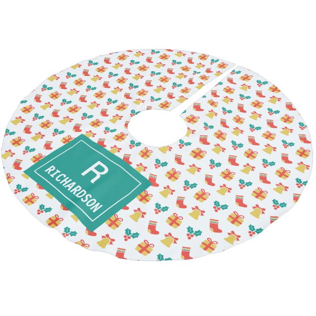 Holly Bell Stocking Pattern Monogram Family Name Brushed Polyester Tree Skirt (Angled)