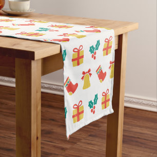 Holly Bell Stocking Red White Green Gold Christmas Short Table Runner