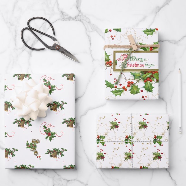 Holly, Bells and Stars Christmas Wrapping Paper Sheet (Front)