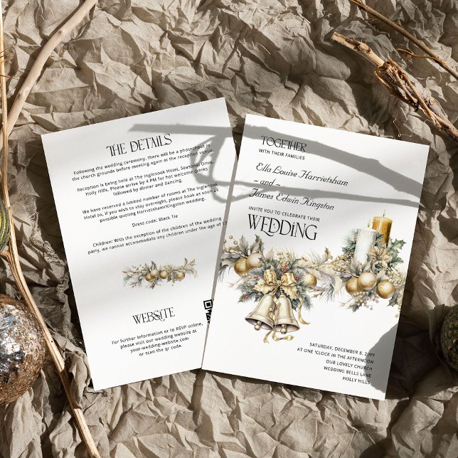 Holly Bells Golden Berries Winter Wedding Details Invitation (Wedding Invitation with Details from the Holly Bells Wedding Collection by Darling & May)