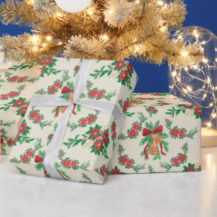 Holly & Bells on Eggshell Christmas Wrapping Paper