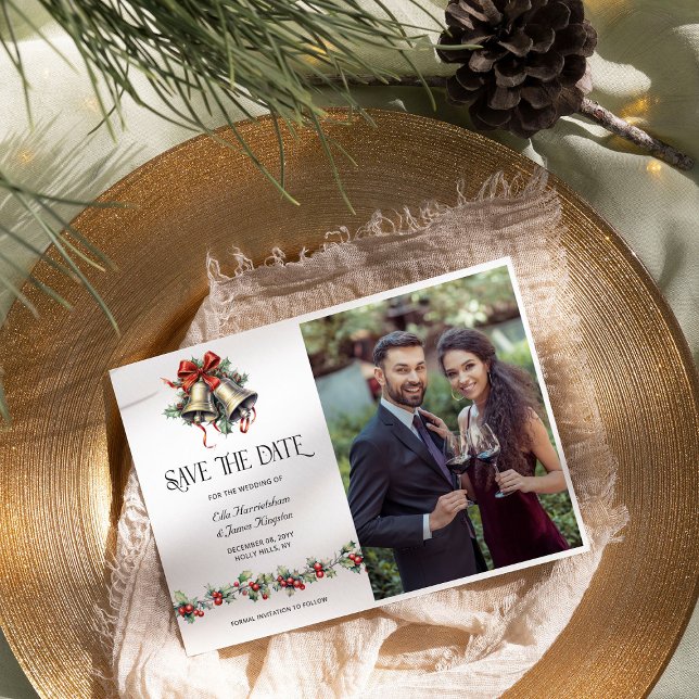 Holly Bells Winter Wedding Photo Save The Date (Save the Date with Photo from the Holly Bells Wedding Collection by Darling & May)
