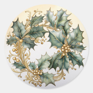 Holly Berries Adorned in Gold Classic Round Sticker