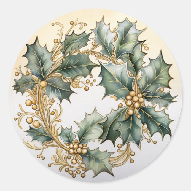 Holly Berries Adorned in Gold Classic Round Sticker (Front)
