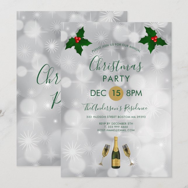 Holly Berries And Champagne Invitation (Front/Back)