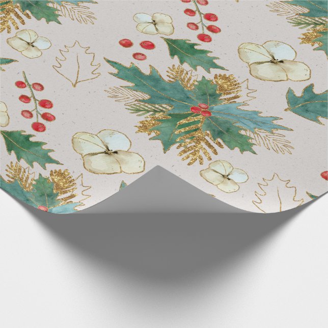 Holly, Berries, and Christmas Rose Wrapping Paper (Corner)