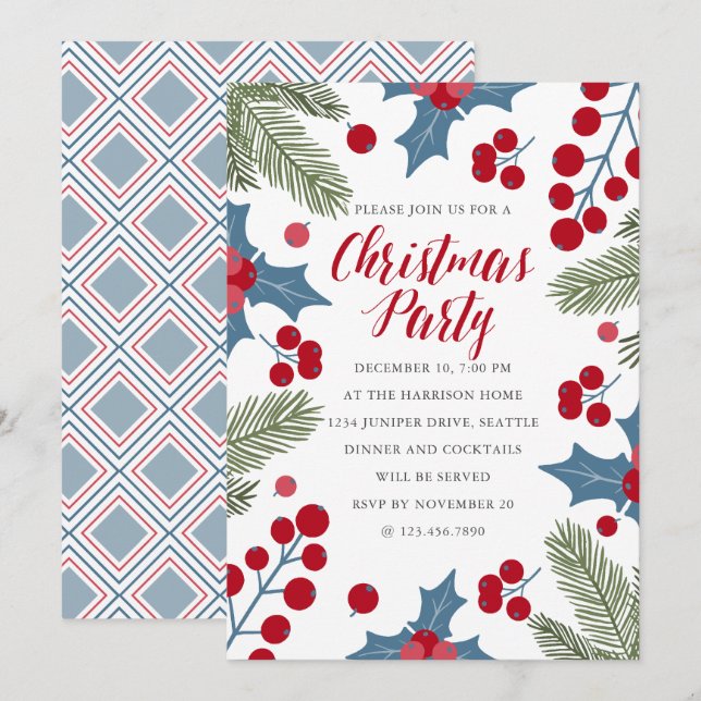 Holly Berries and Ferns Christmas Party Invitation (Front/Back)