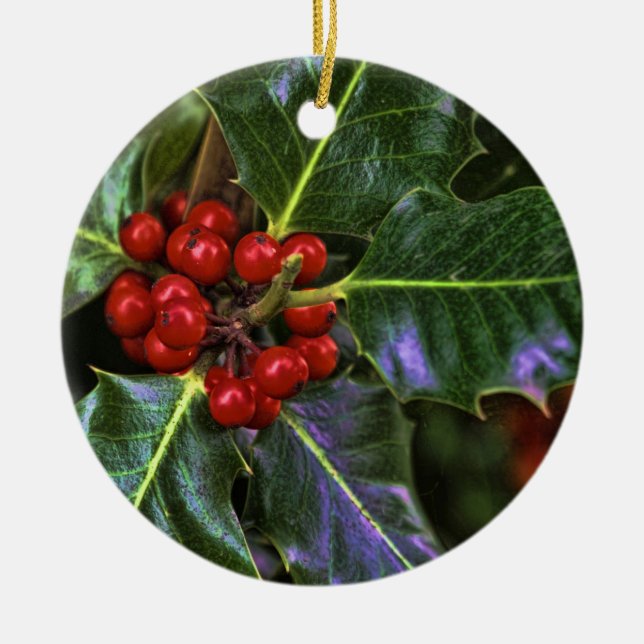 Holly Berries and Leaves Ceramic Tree Decoration (Front)
