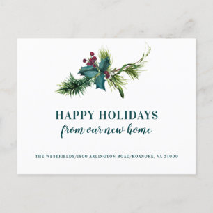 Holly Berries and Pine New Home Holiday Moving Announcement Postcard