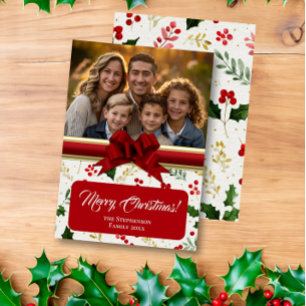 Holly Berries and Red Bow Custom Photo Christmas Holiday Card