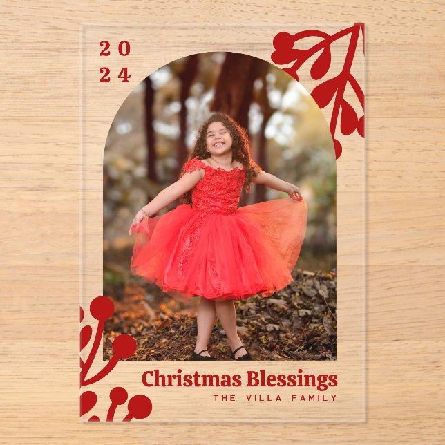 Holly Berries Arch Photo Red Christmas Acrylic Invitations (Front)