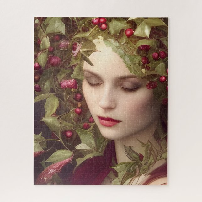 Holly Berries Beautiful Woman Holiday    Jigsaw Puzzle (Vertical)