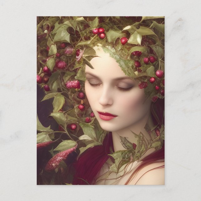 Holly Berries Beautiful Woman Holiday Postcard (Front)
