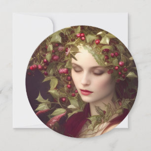 Holly Berries Beautiful Woman Portrait Round Card