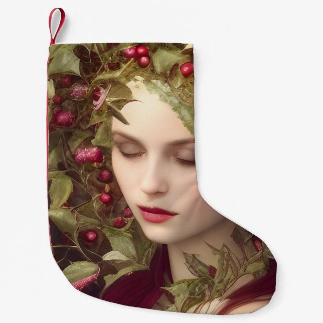 Holly Berries Beautiful Woman  Small Christmas Stocking (Front)