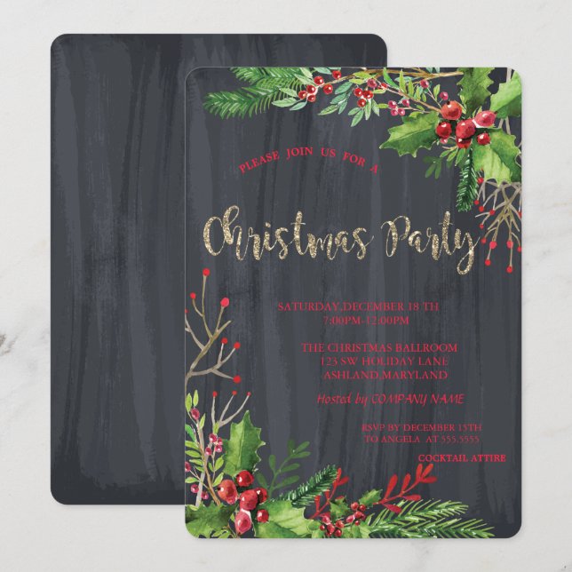 Holly Berries,Black Company Christmas Party Invitation (Front/Back)