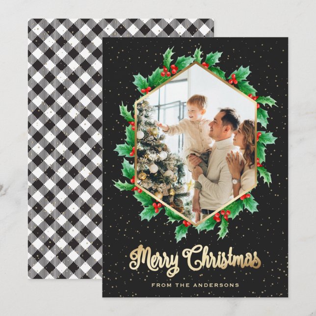 Holly Berries Black Gold Plaid Photo Christmas Holiday Card (Front/Back)